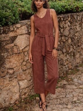 Anthropologie brown faux suede cropped  pant belted  jumpsuit